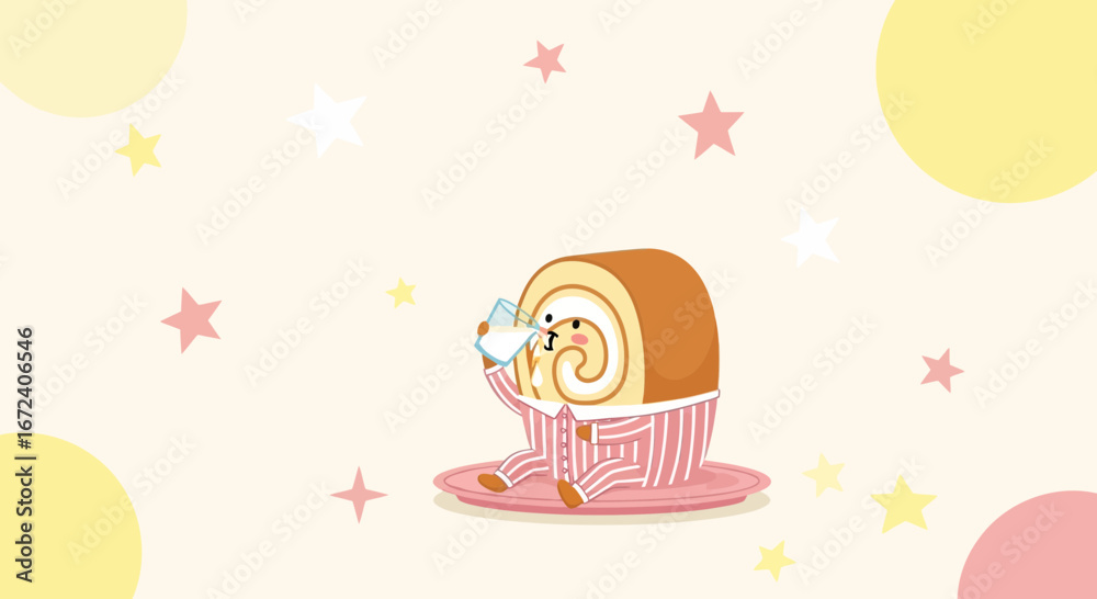 Fototapeta premium Adorable Swiss Roll Character Drinking Milk, Sweet Illustration With Pastel Starry Background