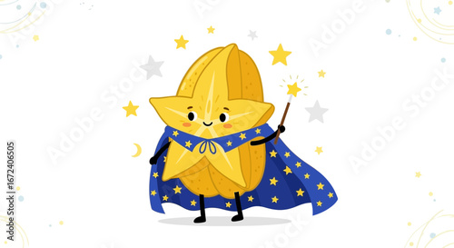 Adorable Star Fruit Mage, Wielding a Star Wand, In A Magical Illustration