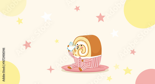 Adorable Swiss Roll Character Drinking Milk, Sweet Illustration With Pastel Starry Background