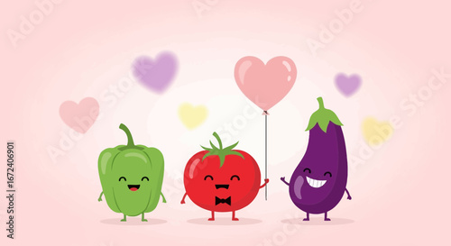 Adorable Vegetables Celebrating Friendship With a Heart Balloon and Loving Expression
