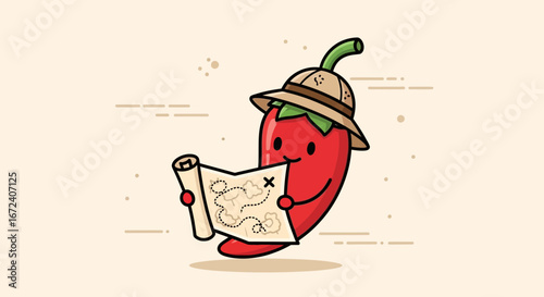 Animated Chili Pepper Explorer Studying A Mysterious Map, Adventure Expedition Illustration