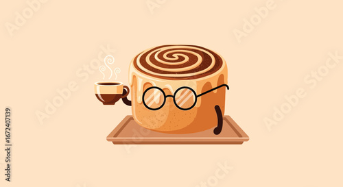 Animated Cinnamon Roll Character Enjoying A Coffee Break And Wearing Glasses