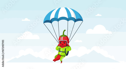 Animated Chili Pepper Parachuting Delightfully Through a Clear, Cloud-Speckled Blue Sky