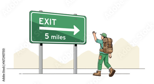 Adventurer Approaching Exit Sign Indicating a Journey's End and Milestone