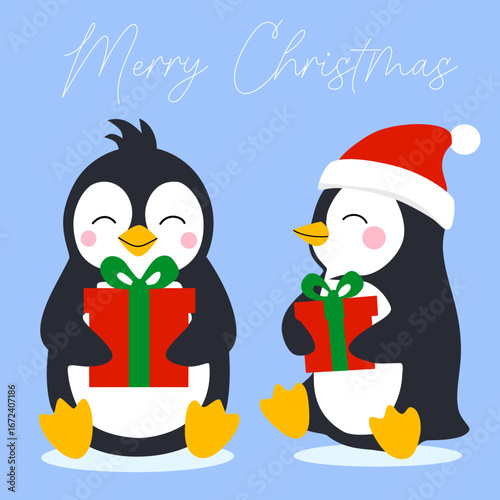 Set of two cute christmas penguins with gift boxes on blue background. Vector illustration in flat cartoon style for greeting cards, season greetings, web, wrapping papper end other design.