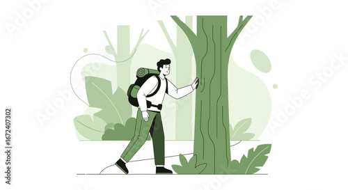 Adventurer Exploring Serene Forest Environment Illustrated With Vector Graphic Style