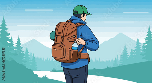 Adventurer Hiking With Backpack, Preparing Water While Enjoying Nature's Serenity And Views