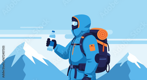 Adventurer Pauses For Hydration Amidst Majestic Peaks In A Pictorial Vector Scene