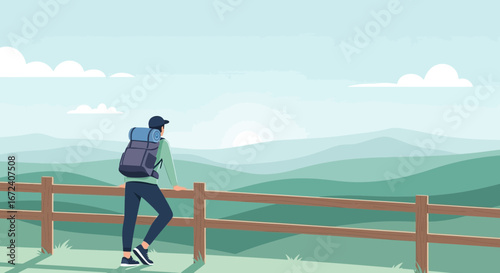 Adventurer Observing Serene Mountains From a Scenic Fence, Enjoying the Panoramic View
