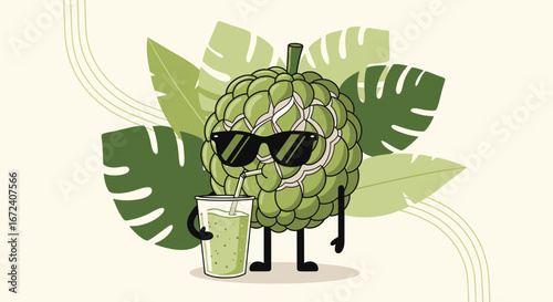 Animated Custard Apple With Sunglasses and Drink, Tropical Style Illustration Design