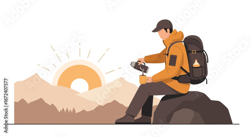 Adventurer Resting And Enjoying Warm Beverage In The Peaceful Mountain Setting