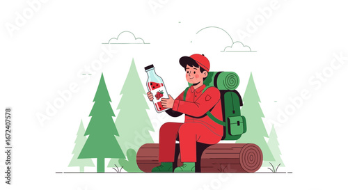 Adventurer Resting After Hike While Enjoying Refreshing Strawberry Drink In The Woods