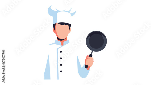 Culinary Craft: An illustrative chef, clad in crisp whites and a towering toque, brandishes a gleaming frying pan, symbolizing the art of cooking and culinary expertise.