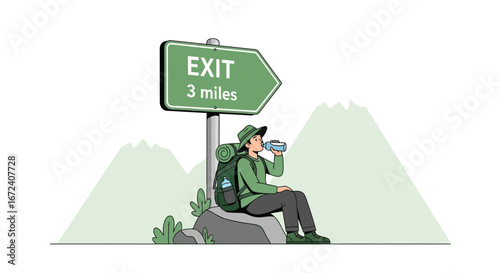 Adventurer Taking a Break Before Reaching the Exit Sign Three Miles Away in the Wilderness