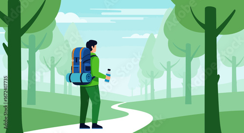 Adventurer Strolls Through Lush Forest, Carrying Backpack and Bottle, Ready For Expedition