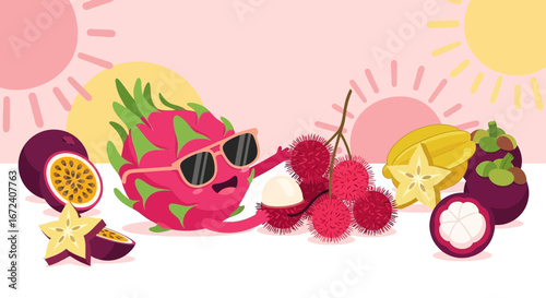 Animated Dragon Fruit Relaxing with Friends, Sunny Day, Fresh Exotic Fruits and Fun