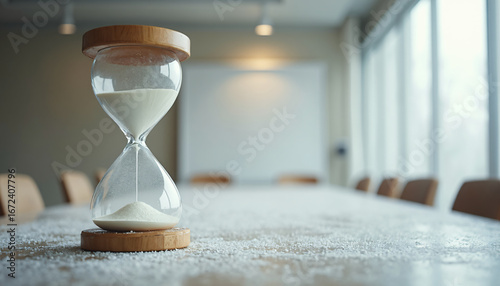 Hourglass on Conference Table with Scattered White Particles