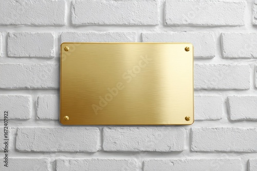 A gold metal plaque is mounted on a white brick wall secured with screws The metal has a brushed texture