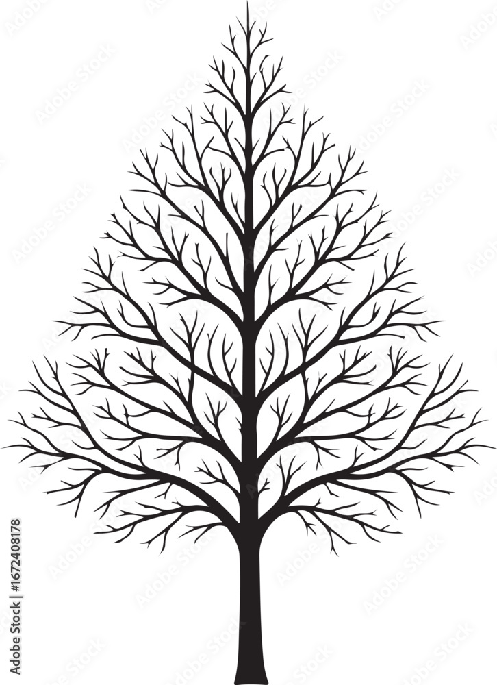 Obraz premium Black Silhouette of a Bare Tree with Intricate Branching on a White Background winter tree deciduous tree