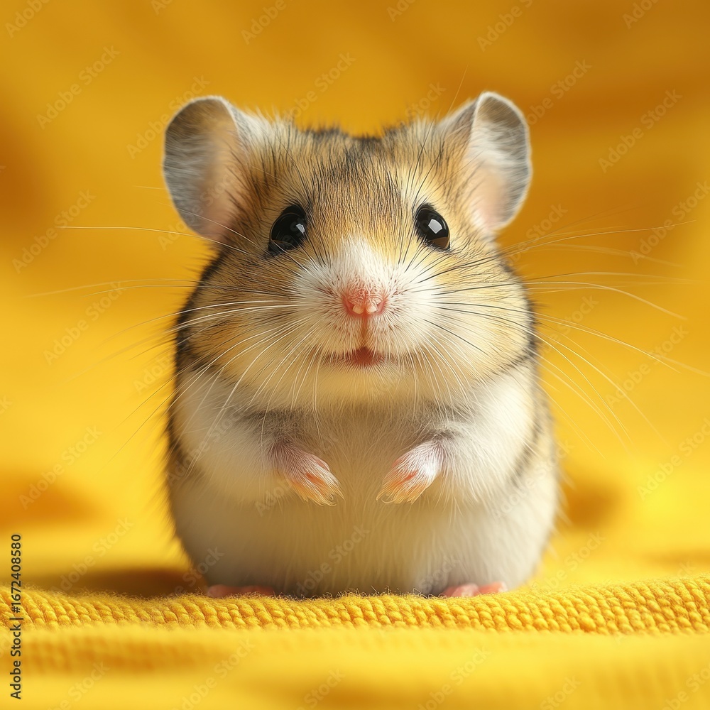 Fototapeta premium Hamster in a cage on yellow background.