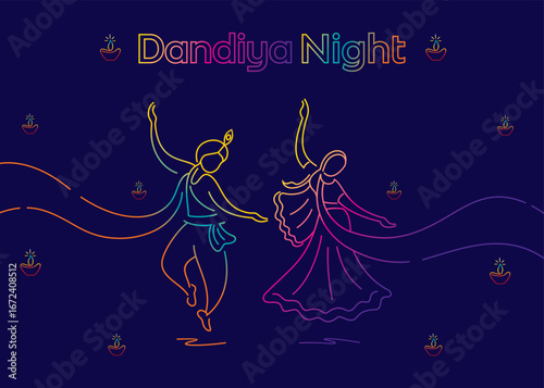 creative Navratri Graba Night poster design, Indian couple playing Garba.