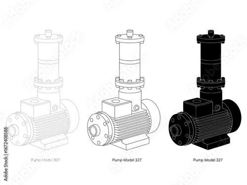 Industrial Pump Model 327 Illustration and Silhouette for Engineering and Manufacturing Applications with Detailed Outlines and Solid Form Depictions for Technical Documentation