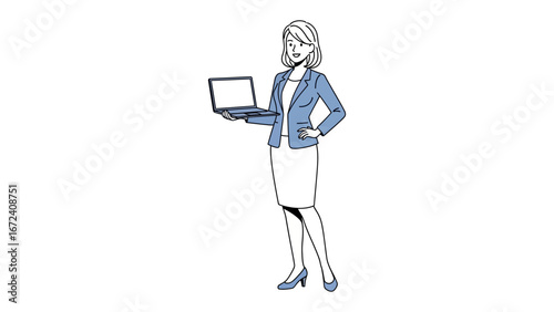 Empowered Businesswoman: A confident businesswoman stands, holding a laptop computer, showcasing her competence and ambition in a professional setting.