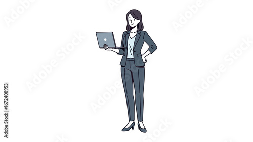 Professional with Laptop: A contemporary illustration of a woman confidently holding a laptop, she exudes professionalism and poise in a minimalist aesthetic.