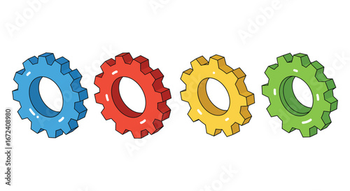 Colorful gear wheels in blue red yellow and green on white background