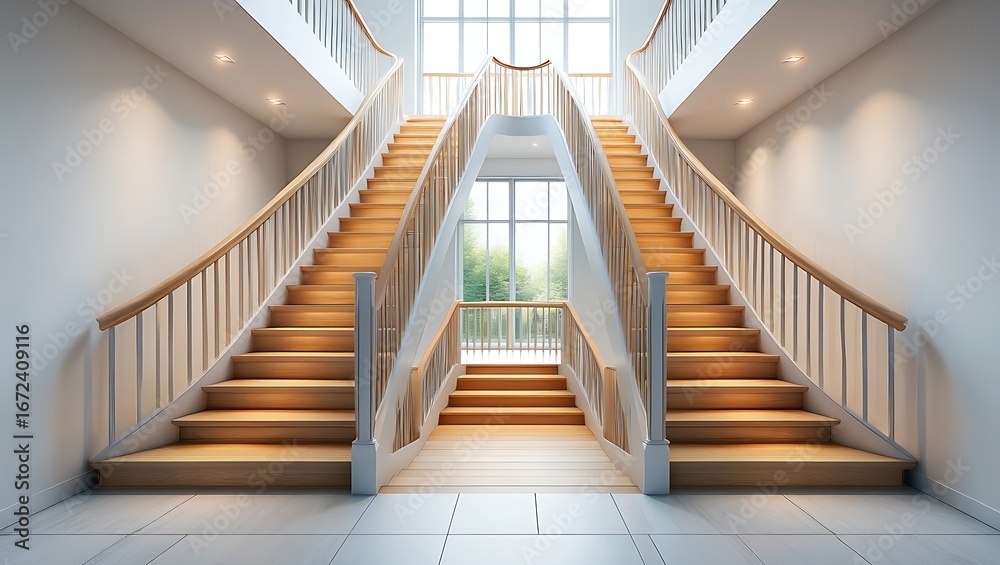 Obraz premium Symmetrical modern staircase with natural light and wooden steps