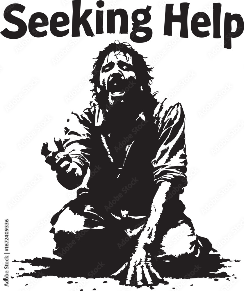 Naklejka premium Vulnerable Man Crying and Begging for Help - Vector Illustration