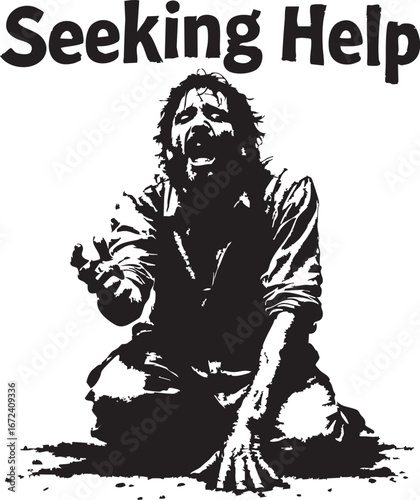Vulnerable Man Crying and Begging for Help - Vector Illustration

