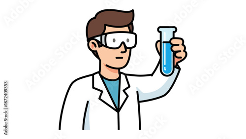 Scientist and Test Tube: A dedicated scientist meticulously examines a test tube filled with blue liquid, demonstrating keen interest and scientific expertise in a clean, professional environment.