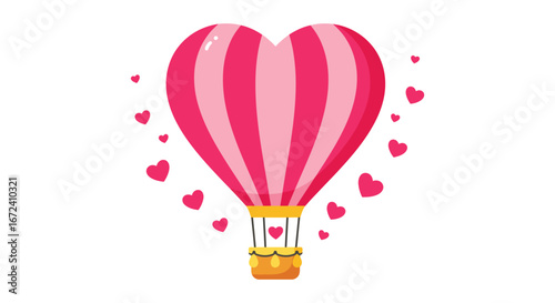 A heart shaped hot air balloon with pink stripes and hearts