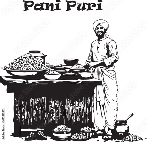 Man selling Indian street food from a traditional food cart
