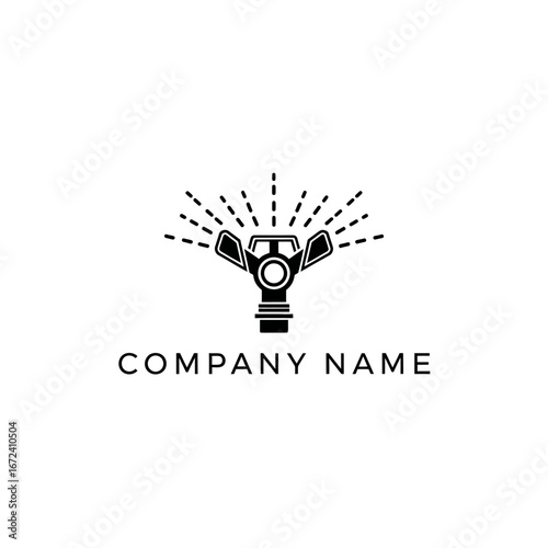 Stylized irrigation sprinkler head logo with water spray lines.