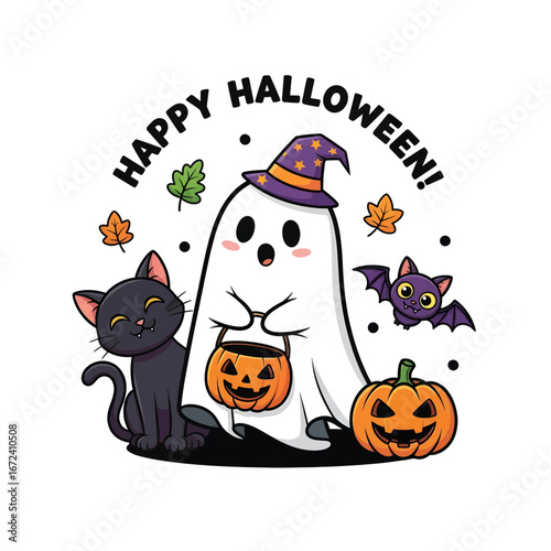 Halloween card with pumpkins and a cute ghost