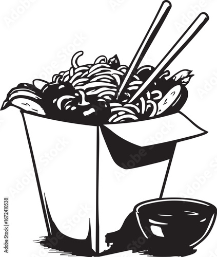 Box of delicious noodles with chopsticks, a classic Chinese fast-food illustration
