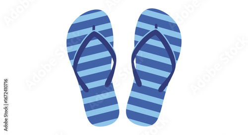 A pair of blue striped flip flops on a white background
