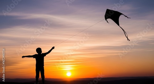 Joyful child flying a black kite during a golden sunset with arms wide open embracing the sky and nature's beauty
