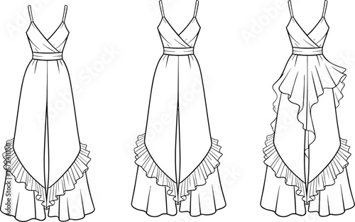Elegant women’s ruffle maxi dress fashion vector illustration with layered design, sleeveless style, summer evening gown, and trendy outfit sketch