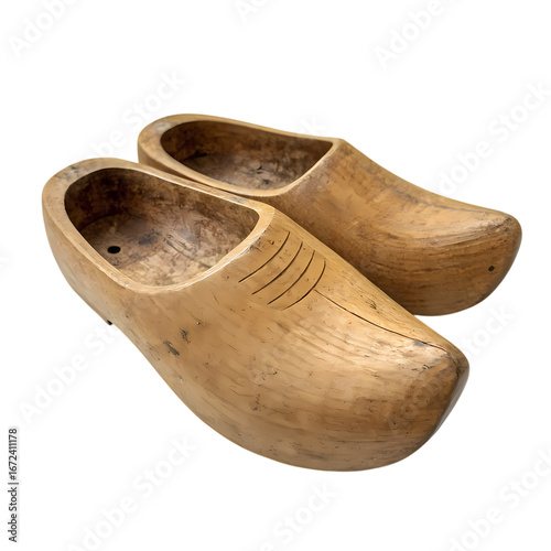 Authentic Dutch Wooden Clogs: Traditional Footwear, Close-Up View, Cultural Heritage, Netherlands isolated on transparent background
