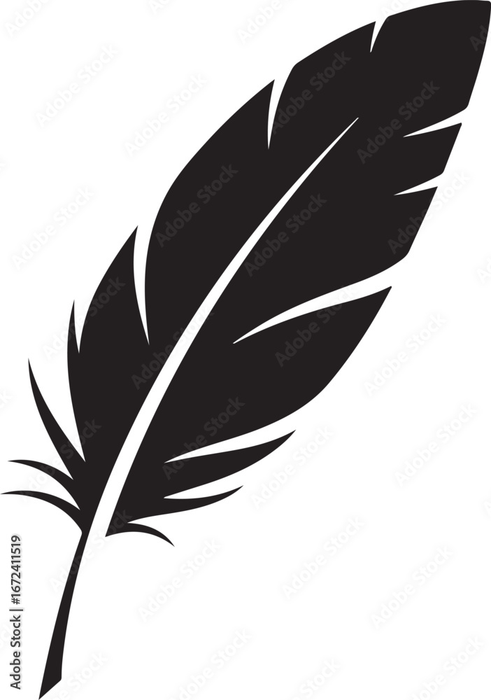 Obraz premium Black silhouette of a single feather with detailed barbs on a white background quill