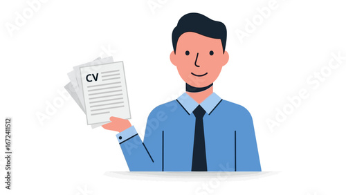 Professional Showcase with CV: A meticulously crafted illustration showcases a polished professional holding a stack of CVs. Ideal for job searching and career development.