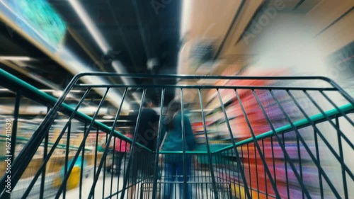 Cinematic Timelapse of Shopping Mall Grocery Store with Shopping Cart Movement, 4K time lapse, people buying from super store