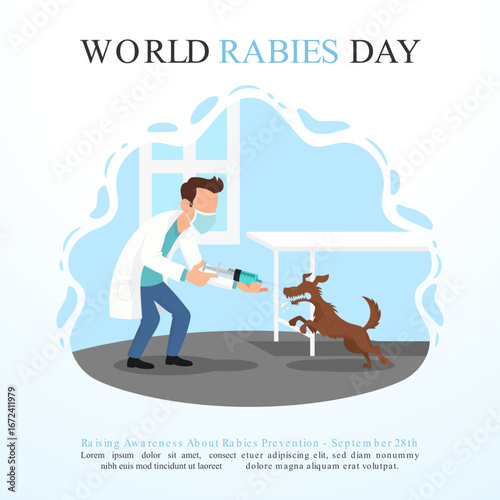 World Rabies Day design with a doctor and a dog