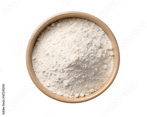 Organic white ragi flour mound in one bowl, clean minimal style.