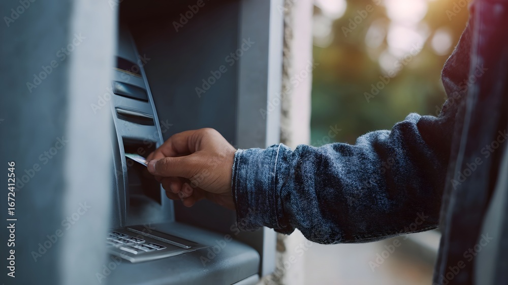 Obraz premium Person withdrawing cash from an ATM hine