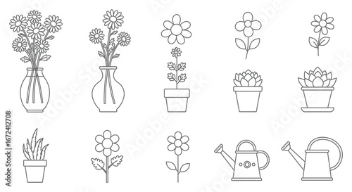 Black and white line drawings of various flowers and plants with vases