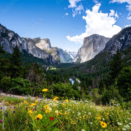 A breathtaking vista of Yosemite Valley, showcasing towering granite cliffs, lush green forests, and a vibrant meadow of wildflowers under a vibrant blue sky.